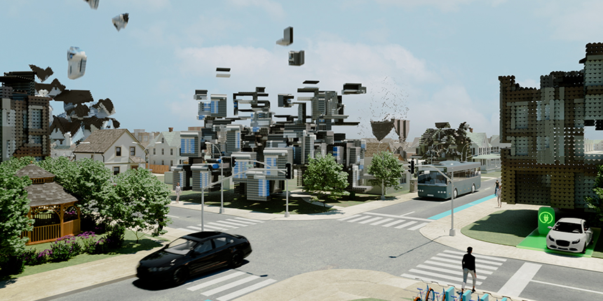 An animation of a more liveable community being formed from building blocks