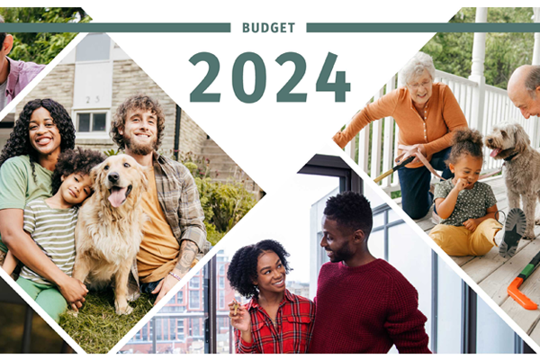 Image de collage pour le budget 2024 du Canada représentant une famille avec un chien dans un parc, un couple âgé avec un chien et un enfant, et un couple en pleine conversation. Le texte "BUDGET 2024" est bien visible en haut de l'image.