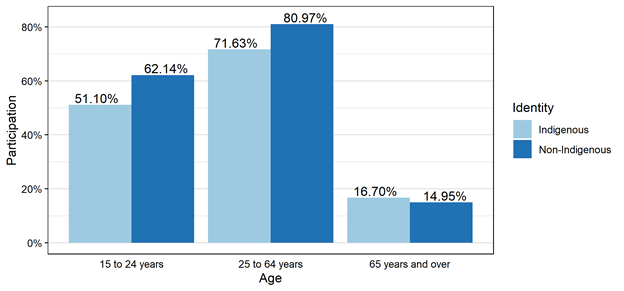 Figure 3.2.2: Participation rate of the Indigenous and the non-Indigenous population by age group, Canada, 2016